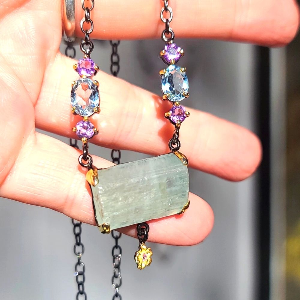 Aquamarine RAW 14k Amethyst &Topaz Sterling rhodium & gold necklace 18"
